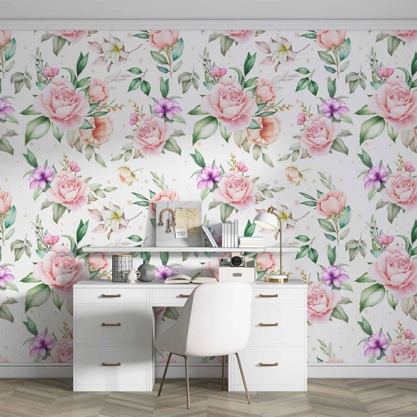 Pembe Turuncu Gül Desenli Duvar Kağıdı - 4
