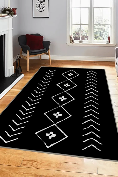 Akasya Siyah Dijital Baskı Makinede Yıkanabilir Kaymaz Taban Antialerjik Modern Halı - 3