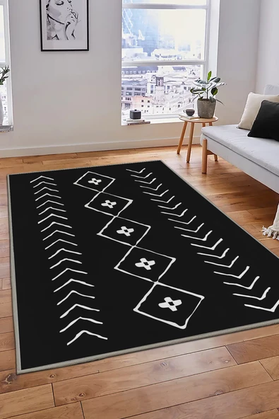 Akasya Siyah Dijital Baskı Makinede Yıkanabilir Kaymaz Taban Antialerjik Modern Halı - 2