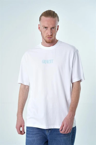 Gracht Ön ve Arka Baskılı Oversize Beyaz T-Shirt
