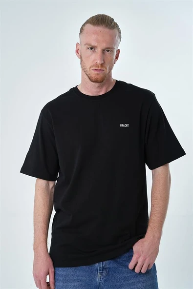 Gracht Baskılı Oversize Siyah T-Shirt