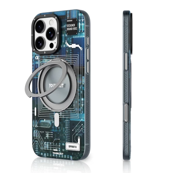 Youngkit Apple iPhone 16 Pro Kılıf Magsafe Şarj Özellikli Youngkit 360° Standlı Technology Serisi Kapak - Resim 10