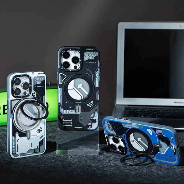 Youngkit Apple iPhone 16 Pro Kılıf Magsafe Şarj Özellikli Youngkit 360° Standlı Starship Serisi Kapak - Resim 11