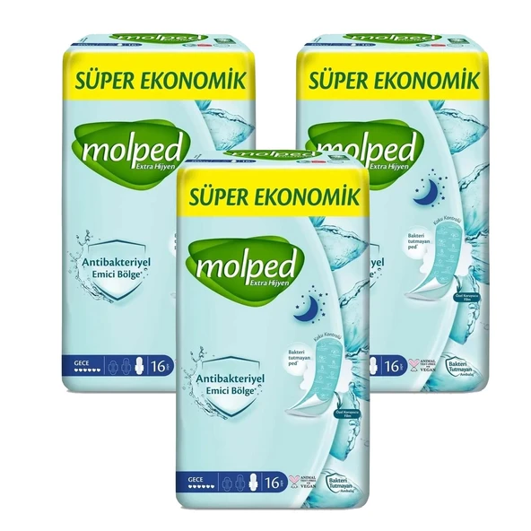 Molped Extra Hijyen Antibakteriyel Ped Gece Extra Uzun 16 lı x 3 Adet