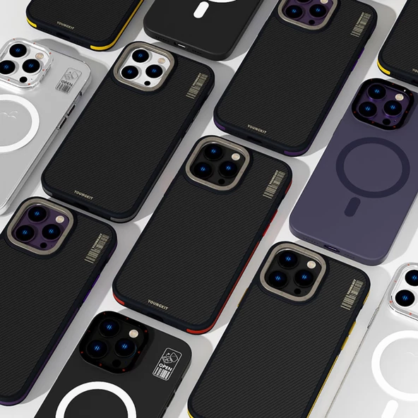 Youngkit Apple iPhone 14 Pro Kılıf Magsafe Şarj Özellikli YoungKit 600D Kevlar Kapak - Resim 4