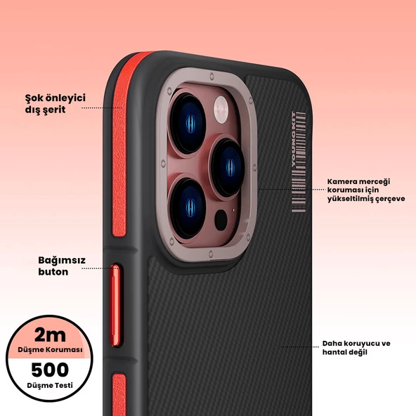 Youngkit Apple iPhone 14 Pro Max Kılıf Magsafe Şarj Özellikli YoungKit 600D Kevlar Kapak - Resim 7