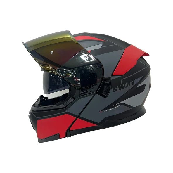 Sway 912 Full Face İridyum Vizör Çene Açılır Motosiklet Kaskı M Beden C1 Red + 1 Şeffaf Vizör Hediyeli - 10
