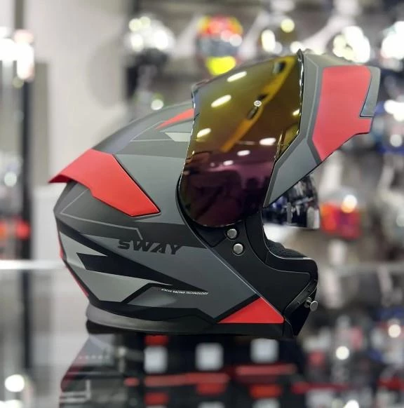 Sway 912 Full Face İridyum Vizör Çene Açılır Motosiklet Kaskı M Beden C1 Red + 1 Şeffaf Vizör Hediyeli - 2