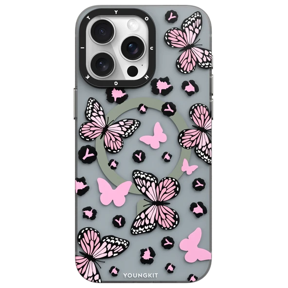 Youngkit Apple iPhone 15 Pro Max Kılıf Magsafe Şarj Özellikli Kelebek Desenli Youngkit Shadow Dance Serisi Kapak - Resim 6
