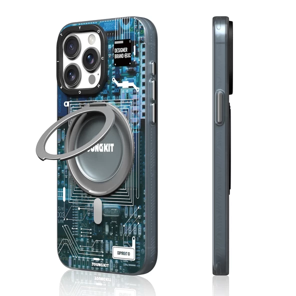 Youngkit Apple iPhone 15 Pro Kılıf Magsafe Şarj Özellikli Youngkit 360° Standlı Technology Serisi Kapak - Resim 5