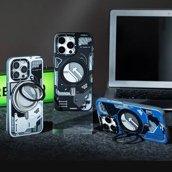 Youngkit Apple iPhone 15 Pro Kılıf Magsafe Şarj Özellikli Youngkit 360° Standlı Starship Serisi Kapak - Resim 12