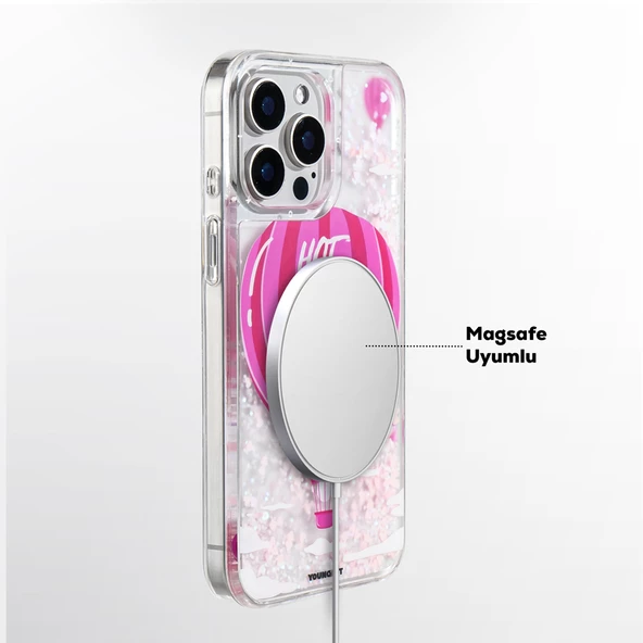 Youngkit Apple iPhone 16 Pro Max Kılıf Magsafe Şarj Özellikli Parlak Kumlu Sıvılı Youngkit Pink Dream Quicksand Serisi Kapak - Resim 6