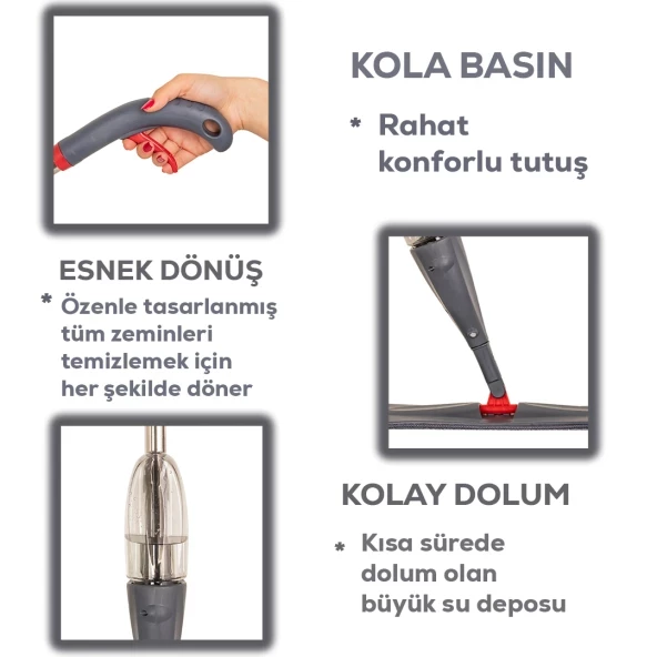 Porsima 13279 Deterjan Püskürtmeli 360 Derece Dönebilen Sprey Mop Yedek Bezli Temizlik Paspası - 130 Cm - 3