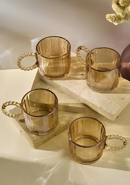 4lü Cam Kupa Seti - Boncuklu Kulp Çay Bardağı Takımı - 200 ML - Çizgi Desen - 3