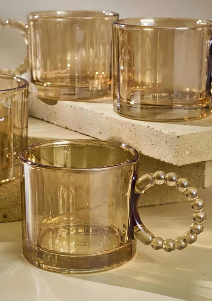 4lü Cam Kupa Seti - Boncuklu Kulp Çay Bardağı Takımı - 200 ML - Çizgi Desen - 4