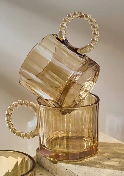 4lü Cam Kupa Seti - Boncuklu Kulp Çay Bardağı Takımı - 200 ML - Çizgi Desen - 2