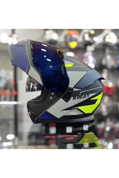 Sway 912 Full Face İridyum Vizör Çene Açılır Motosiklet Kaskı M Beden B1 Blue+1 Şeffaf Vizör Hediye - 5