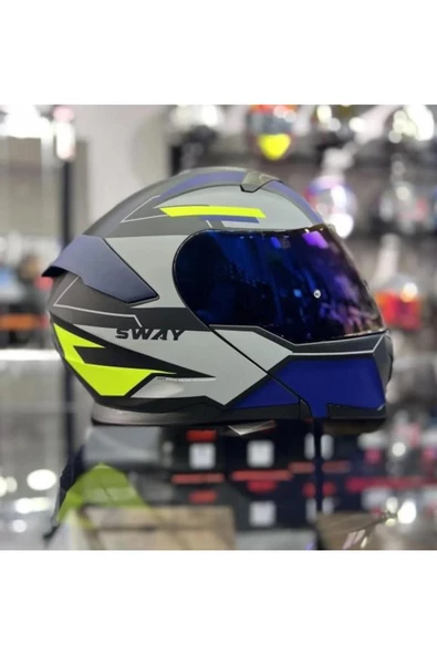 Sway 912 Full Face İridyum Vizör Çene Açılır Motosiklet Kaskı M Beden B1 Blue+1 Şeffaf Vizör Hediye