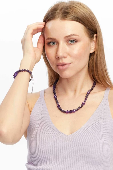 Parlayan Yıldızlar Serisi Ametist Taşı Kolye & Bileklik Seti ürün görseli 1