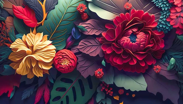 3 Boyutlu Kırmızı Turuncu Çiçek Desenli Duvar Kağıdı - 7
