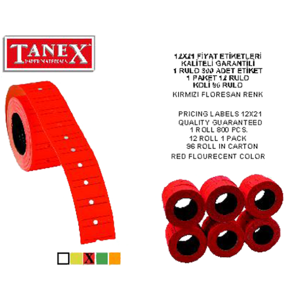 Tanex Fiyat Etiketi Çizgili 12x21 Fosforlu Kırmızı(6 rulo)