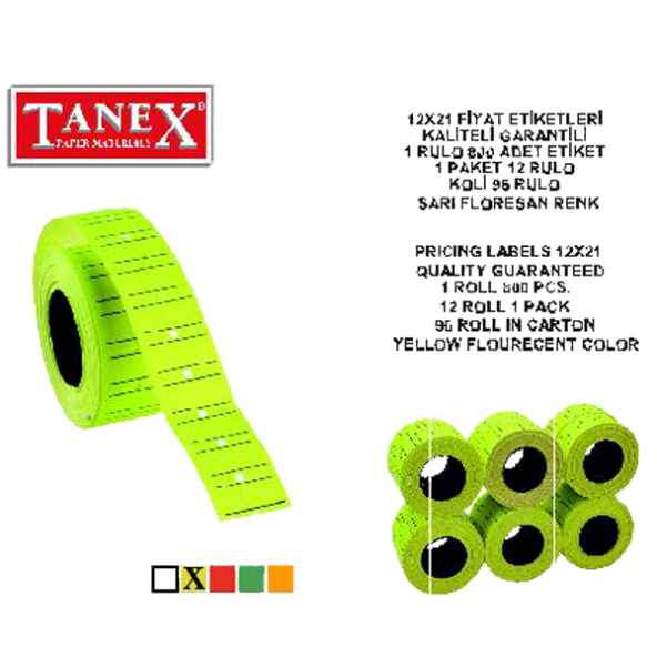 Tanex Fiyat Etiketi Çizgili 12x21 Fosforlu Sarı(6 rulo)