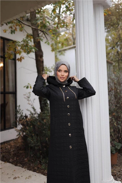 Kapşonlu Çıtçıtlı İki Yan Cepli Uzun Kap - 71235.003 - Siyah - 4