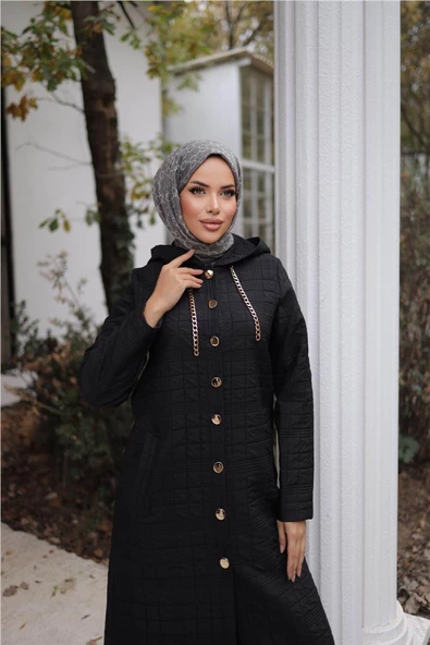 Kapşonlu Çıtçıtlı İki Yan Cepli Uzun Kap - 71235.003 - Siyah - 5