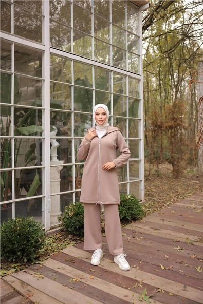 Fermuarlı Kapşonlu Sade İkili Tesettür Eşofman Takımı - 71229.043 - Nescafe - Resim 2