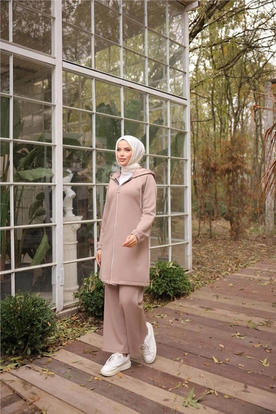 Fermuarlı Kapşonlu Sade İkili Tesettür Eşofman Takımı - 71229.043 - Nescafe - Resim 3