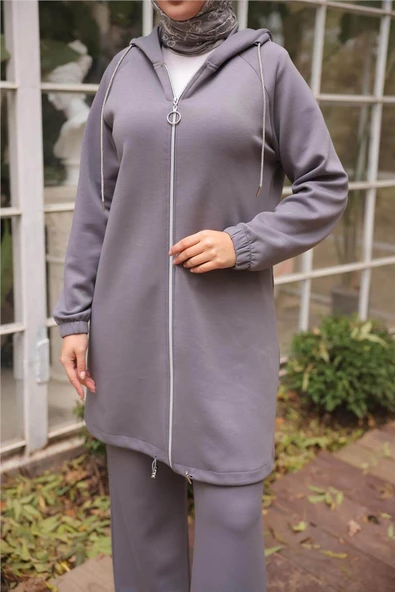 Fermuarlı Kapşonlu Sade İkili Tesettür Eşofman Takımı - 71229.012 - Füme - 2