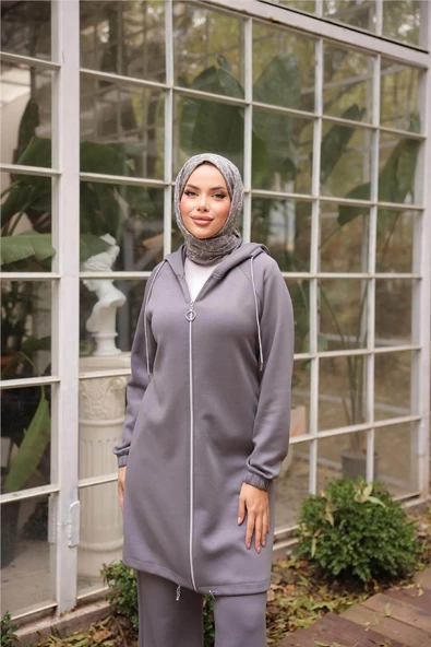 Fermuarlı Kapşonlu Sade İkili Tesettür Eşofman Takımı - 71229.012 - Füme - 8