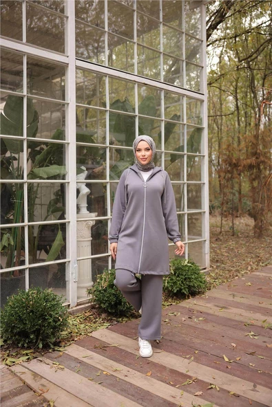 Fermuarlı Kapşonlu Sade İkili Tesettür Eşofman Takımı - 71229.012 - Füme