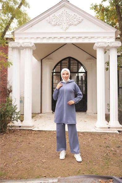 Fermuarlı Kapşonlu Sade İkili Tesettür Eşofman Takımı - 71229.006 - İndigo ürün görseli