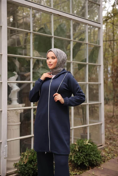 Fermuarlı Kapşonlu Sade İkili Tesettür Eşofman Takımı - 71229.015 - Lacivert - Resim 6