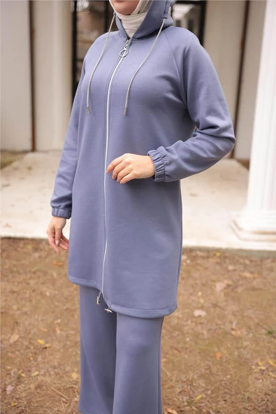Fermuarlı Kapşonlu Sade İkili Tesettür Eşofman Takımı - 71229.006 - İndigo - Resim 7