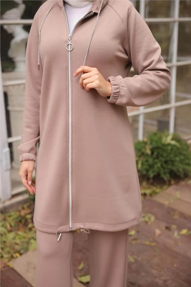 Fermuarlı Kapşonlu Sade İkili Tesettür Eşofman Takımı - 71229.043 - Nescafe - Resim 8