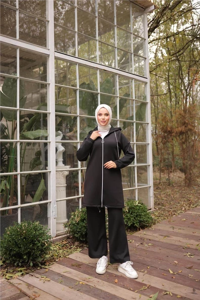 Fermuarlı Kapşonlu Sade İkili Tesettür Eşofman Takımı - (38-46) - 71229 - Siyah ürün görseli