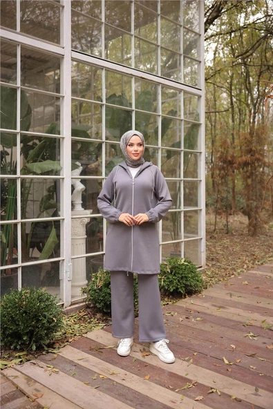 Fermuarlı Kapşonlu Sade İkili Tesettür Eşofman Takımı - 71229.012 - Füme - 4