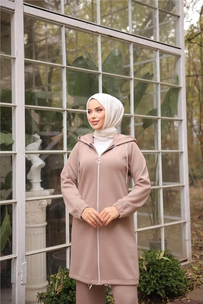Fermuarlı Kapşonlu Sade İkili Tesettür Eşofman Takımı - 71229.043 - Nescafe - Resim 5