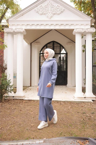 Fermuarlı Kapşonlu Sade İkili Tesettür Eşofman Takımı - 71229.006 - İndigo - Resim 2