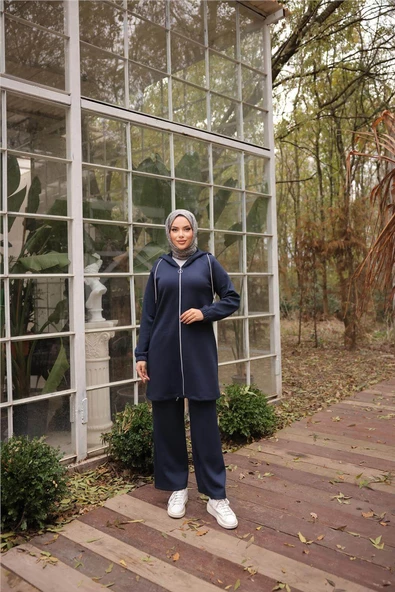 Fermuarlı Kapşonlu Sade İkili Tesettür Eşofman Takımı - 71229.015 - Lacivert ürün görseli