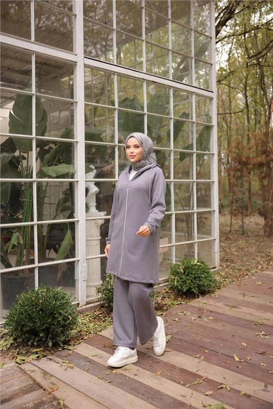 Fermuarlı Kapşonlu Sade İkili Tesettür Eşofman Takımı - 71229.012 - Füme - 5