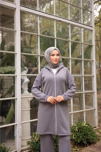 Fermuarlı Kapşonlu Sade İkili Tesettür Eşofman Takımı - 71229.012 - Füme - 6
