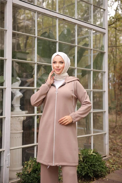 Fermuarlı Kapşonlu Sade İkili Tesettür Eşofman Takımı - 71229.043 - Nescafe - Resim 4