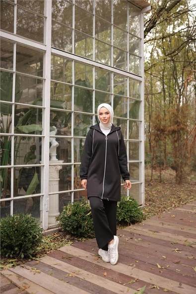Fermuarlı Kapşonlu Sade İkili Tesettür Eşofman Takımı - (38-46) - 71229 - Siyah - Resim 7