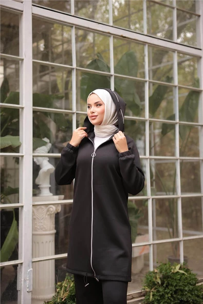 Fermuarlı Kapşonlu Sade İkili Tesettür Eşofman Takımı - (38-46) - 71229 - Siyah - Resim 3