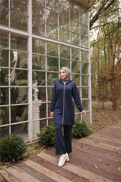 Fermuarlı Kapşonlu Sade İkili Tesettür Eşofman Takımı - 71229.015 - Lacivert - Resim 3