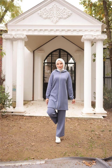 Fermuarlı Kapşonlu Sade İkili Tesettür Eşofman Takımı - 71229.006 - İndigo - Resim 3