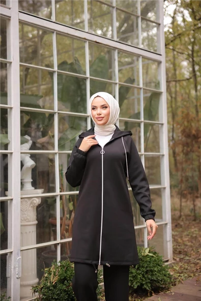 Fermuarlı Kapşonlu Sade İkili Tesettür Eşofman Takımı - (38-46) - 71229 - Siyah - Resim 2